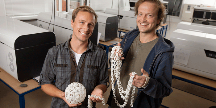 Frederik Tjellesen (left) and Anders Hartmann (right) are the two inventors of the 3D printer that is now being used by heavyweight companies such as Oticon. Photo: Mikal Schlosser