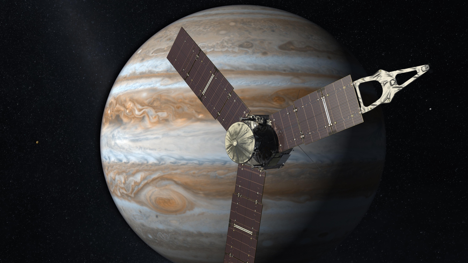 Visualisering af Juno-rumfartøjet, som efter en rejse på fem år i 2016 ankom til Jupiter for at studere den gigantiske planet. Illustration: NASA Jet Propulsion Laboratory, JPL.