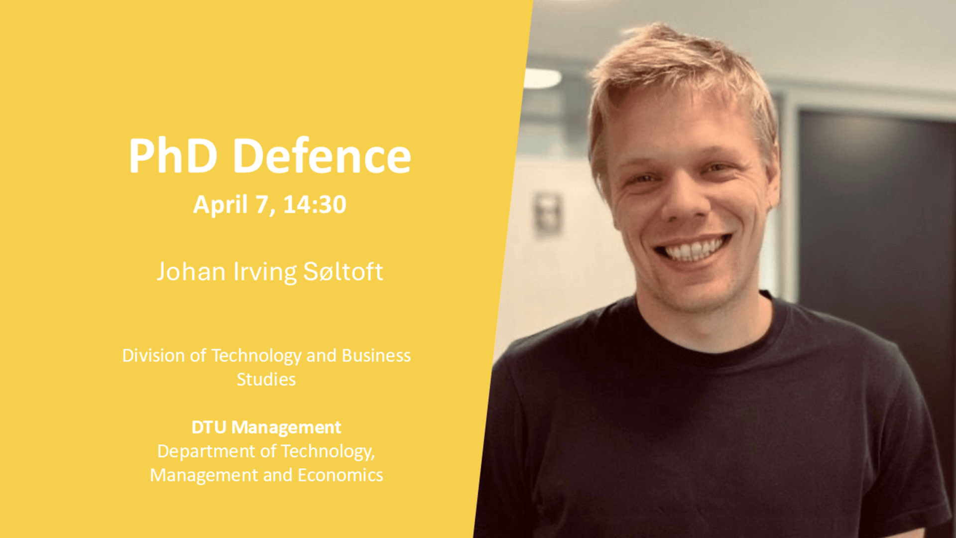 Picture showing the details of Johan's PhD defence on April 7 2026 at 14:30.