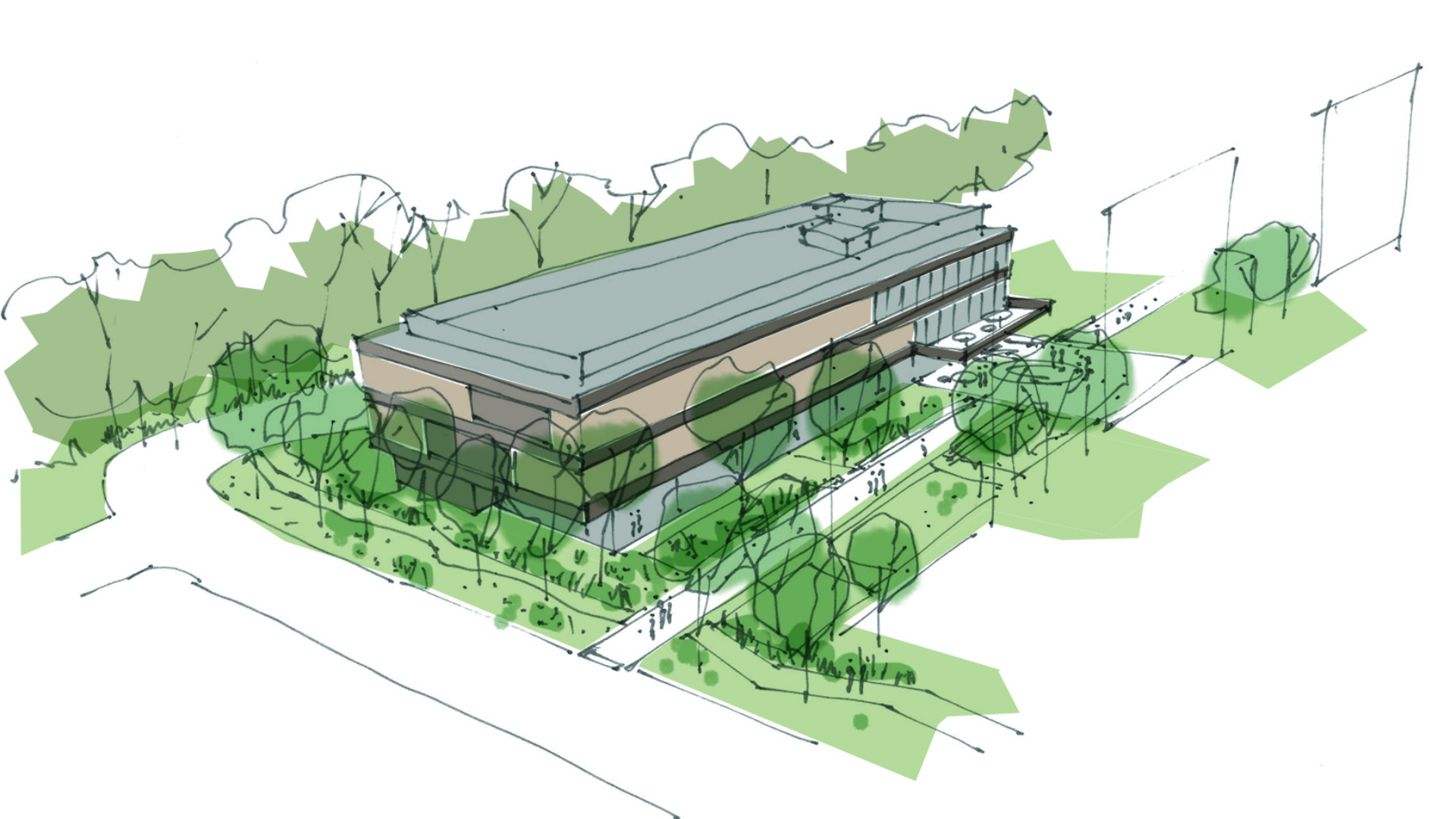 Illustration of the facility building, developed during the conceptual design phase. Credit: Tegnestuen Kontekst ApS.