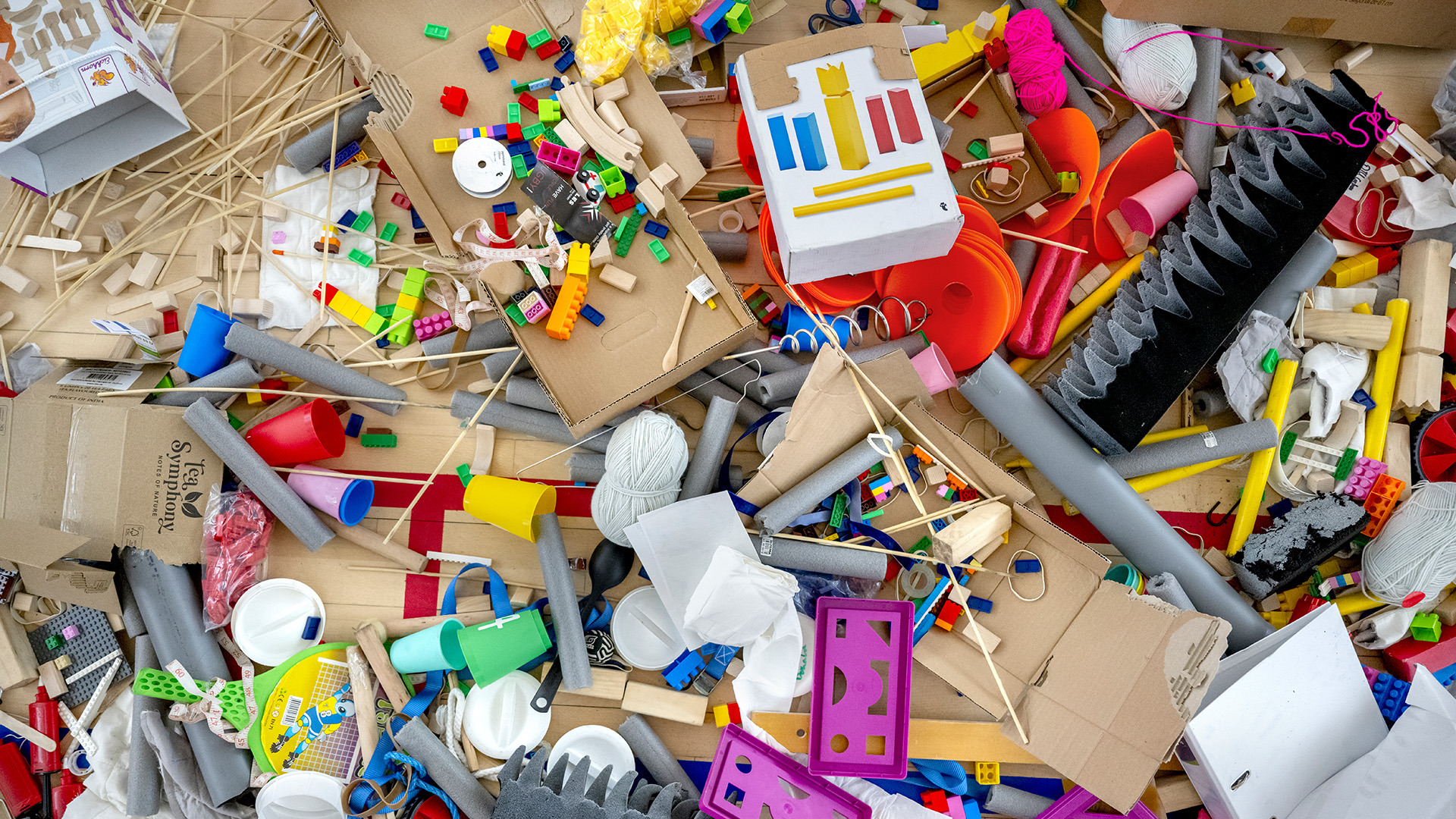 Building blocks to Rube Goldberg machine. 