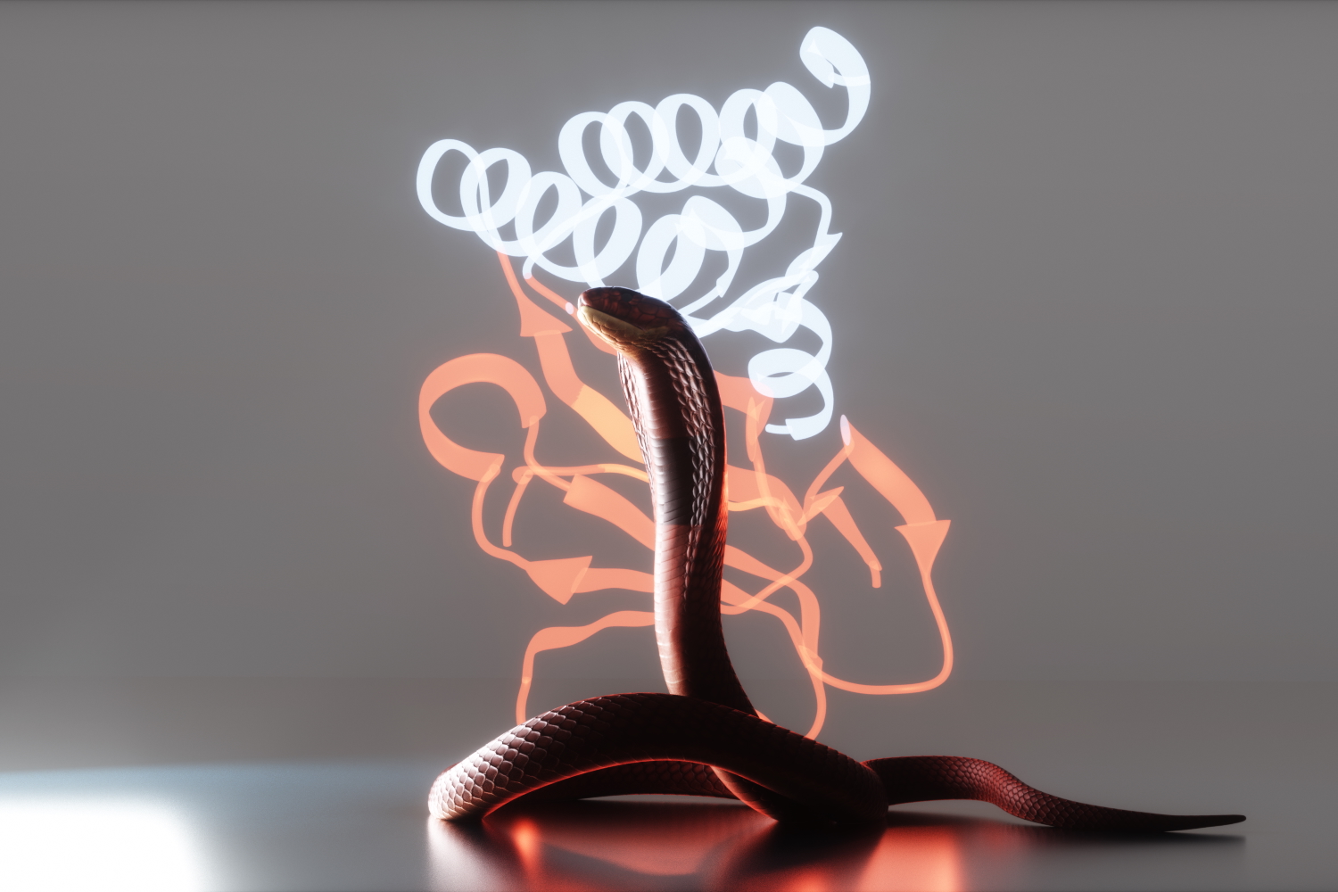 An AI generated image of a cobra snake is seen with protein structures displayed in the background.